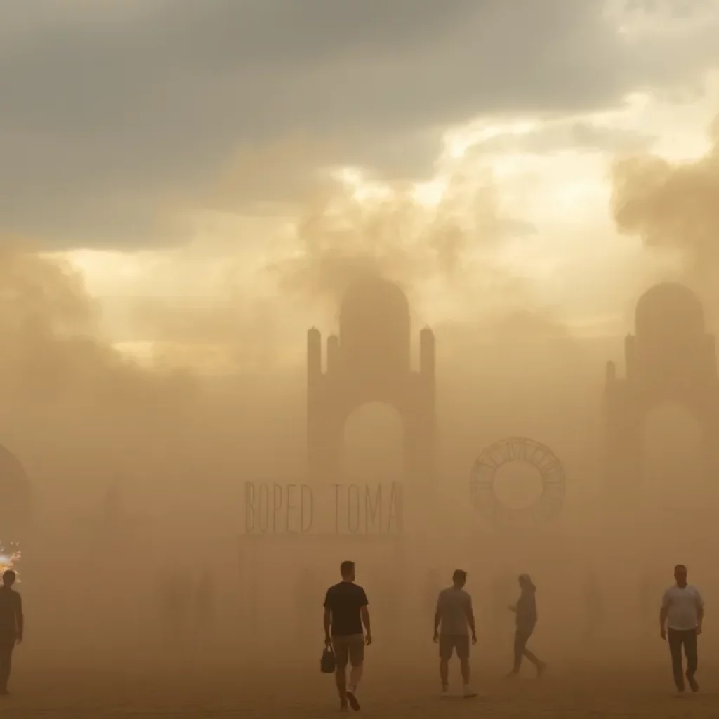 Dust storm overshadowing festivities at Burning Man festival.