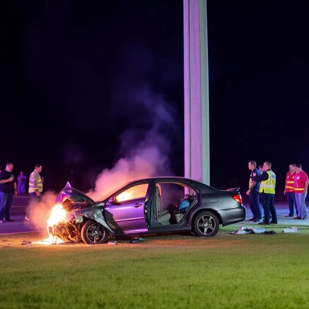 A car accident scene with a vehicle near a power pole, smoke rising, surrounded by emergency vehicles.