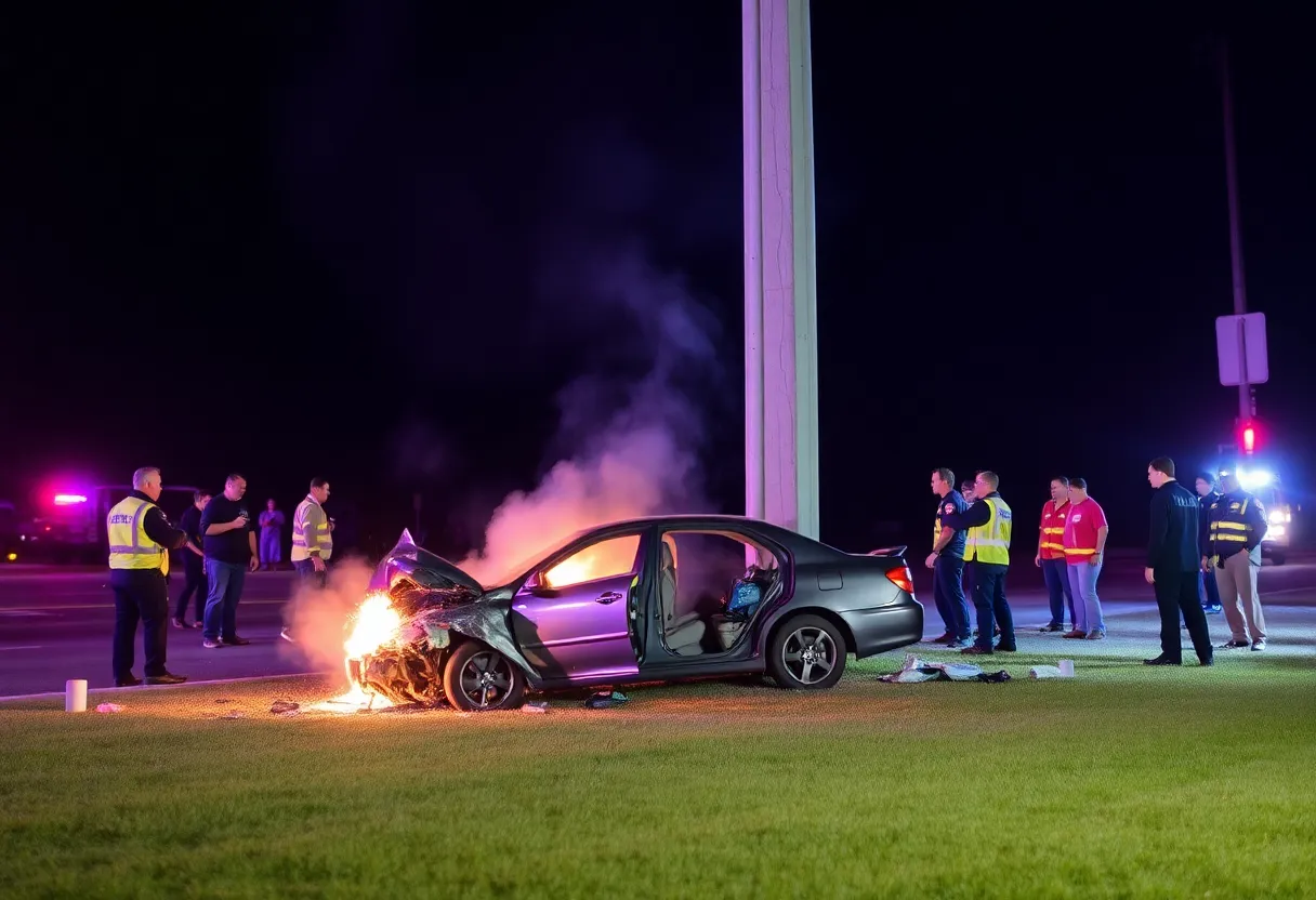 A car accident scene with a vehicle near a power pole, smoke rising, surrounded by emergency vehicles.