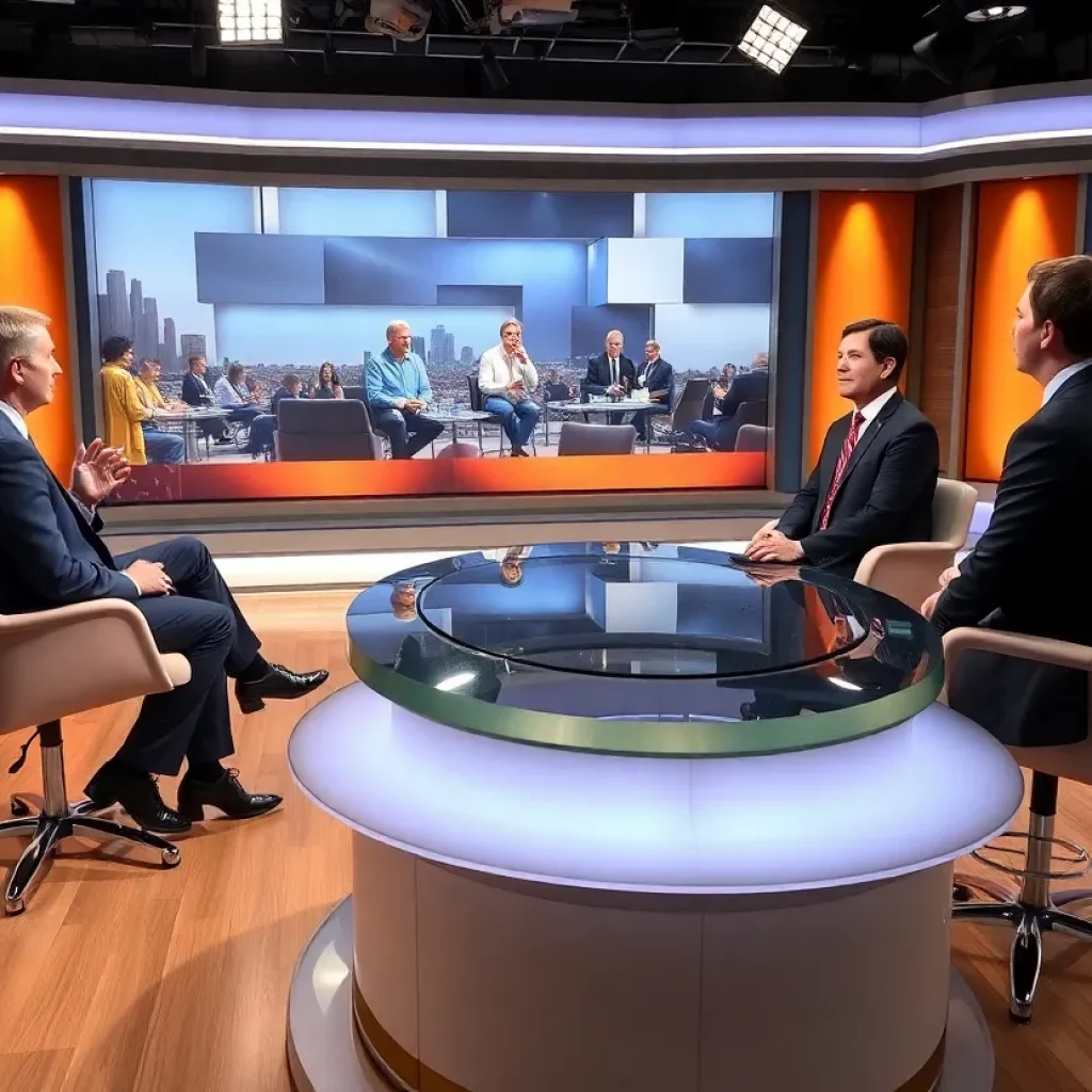 Television studio set of CBS News showing a live interview in progress