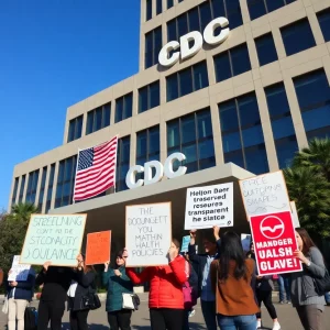 Protesters rally outside the CDC headquarters advocating for public health transparency.