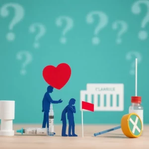 Abstract representation of public health changes with vaccine symbols.