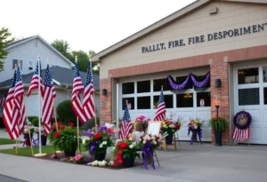 Community tribute with flags and bunting for an army veteran