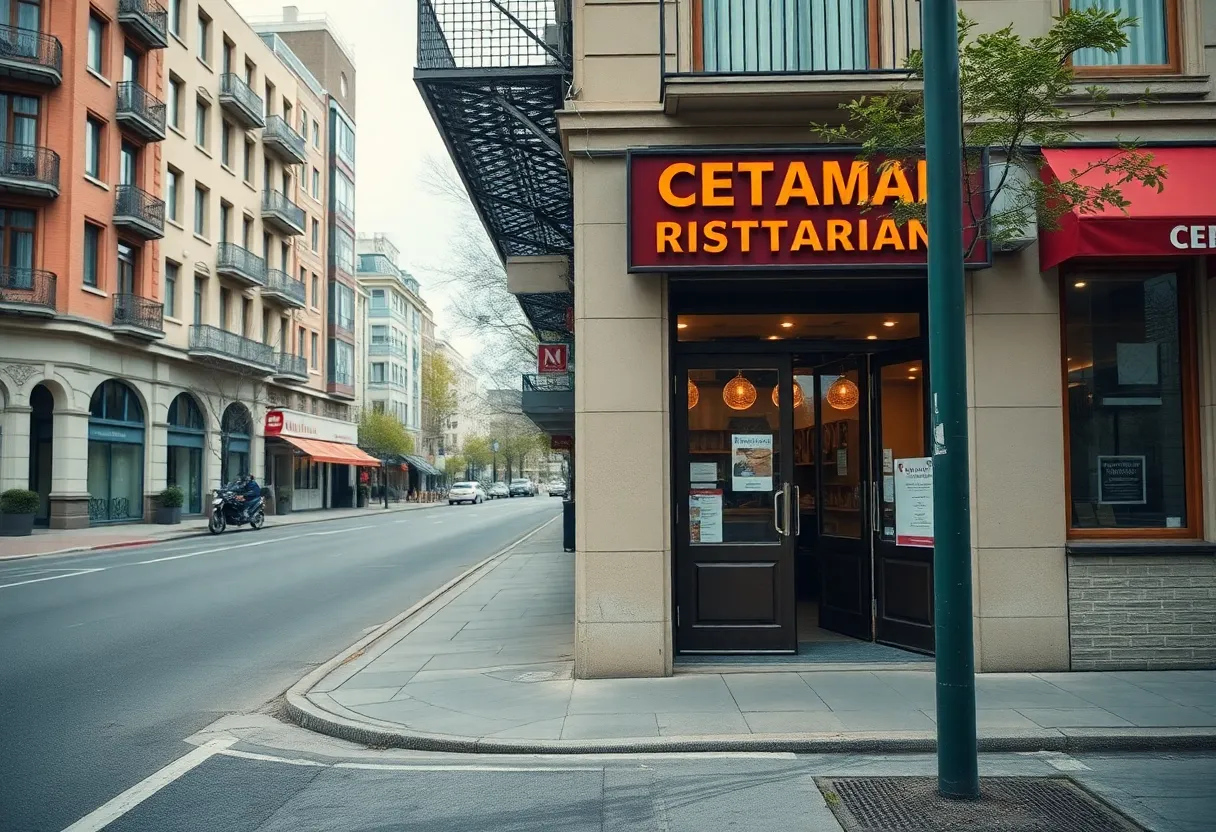 Exterior view of a closed restaurant in Huntsville with a signage