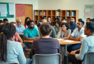 Community members engaged in discussion during a meeting regarding educator issues.