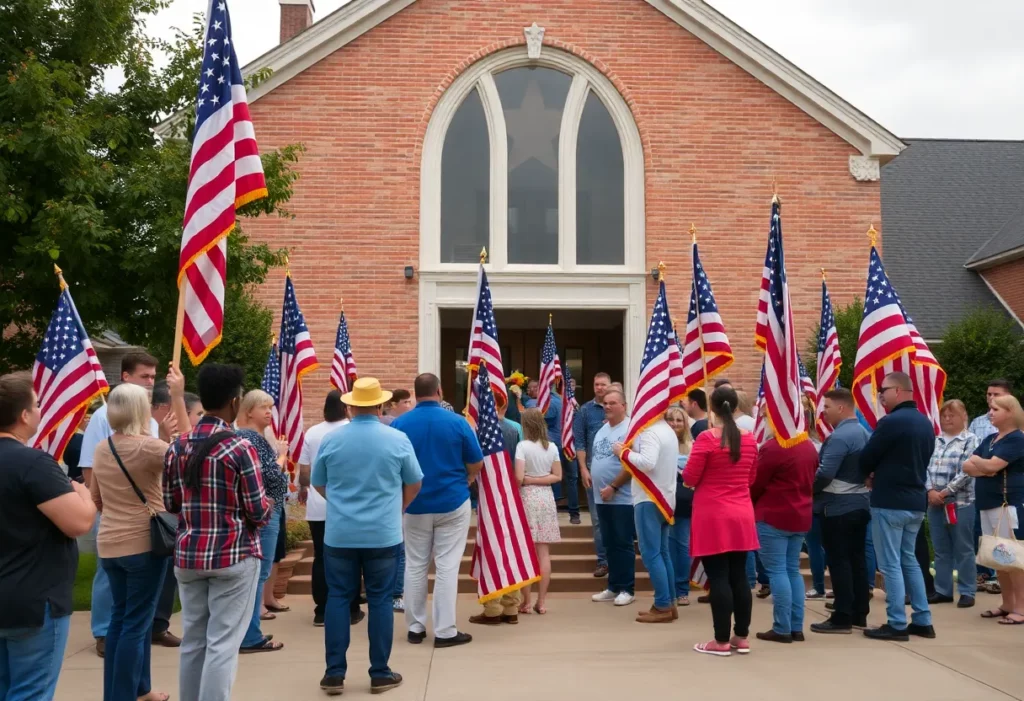 Community members gathering outside Northside Baptist Church for DPS Trooper funeral