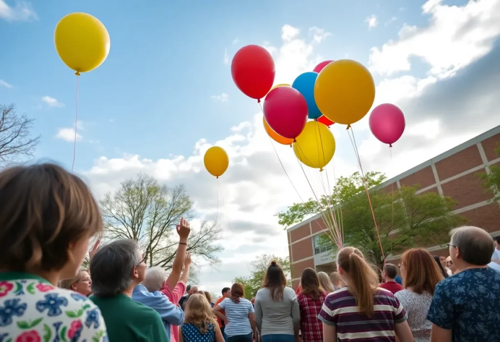 Community members releasing balloons at Jayden Maclin's memorial service