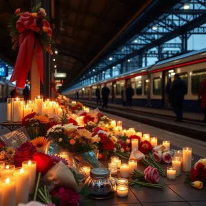 Candles and flowers at a train station memorial for a Ukrainian refugee