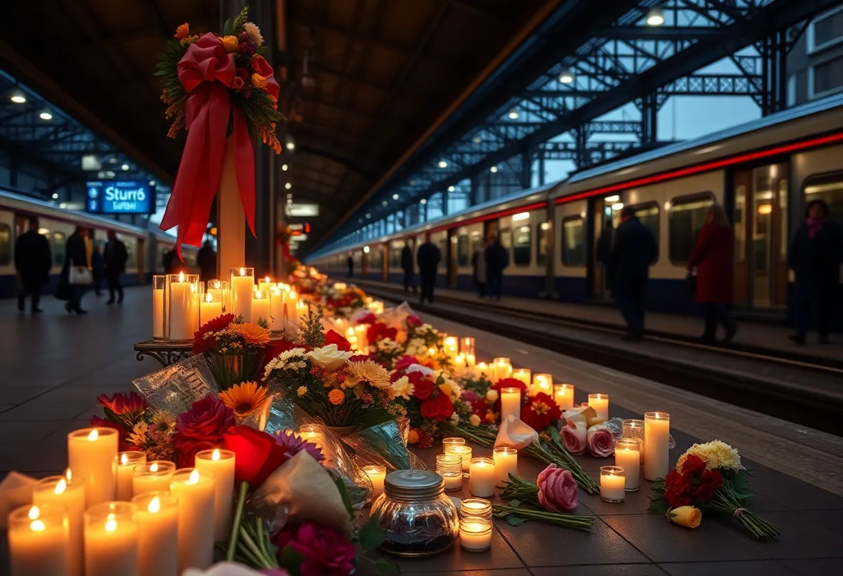 Candles and flowers at a train station memorial for a Ukrainian refugee