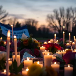 Memorial vigil for a tragic loss with candles and flowers.