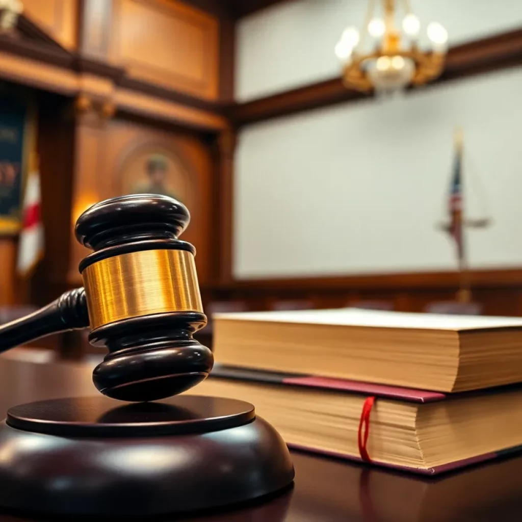 A courtroom with law books and a gavel, representing justice.