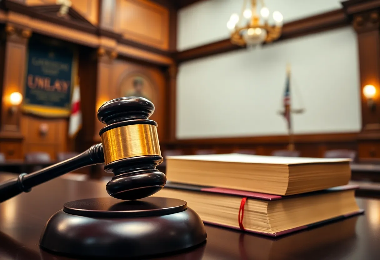 A courtroom with law books and a gavel, representing justice.