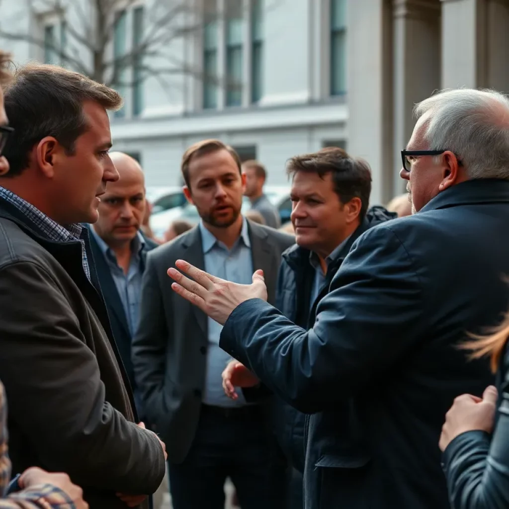 People debating issues related to cancel culture in a public space.