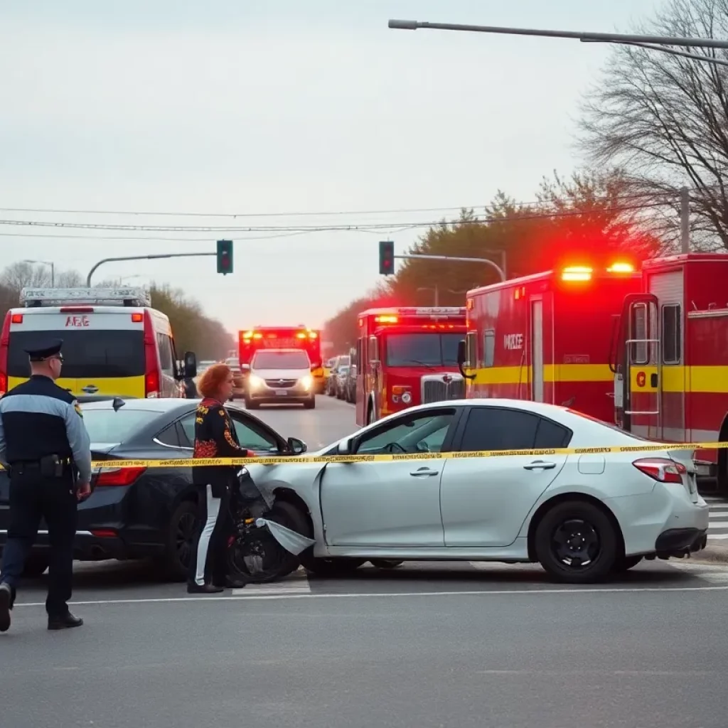 Emergency service vehicles at the scene of a car accident in Decatur, Alabama.