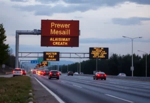 Digital highway message signs promoting safety information along U.S. routes in Huntsville