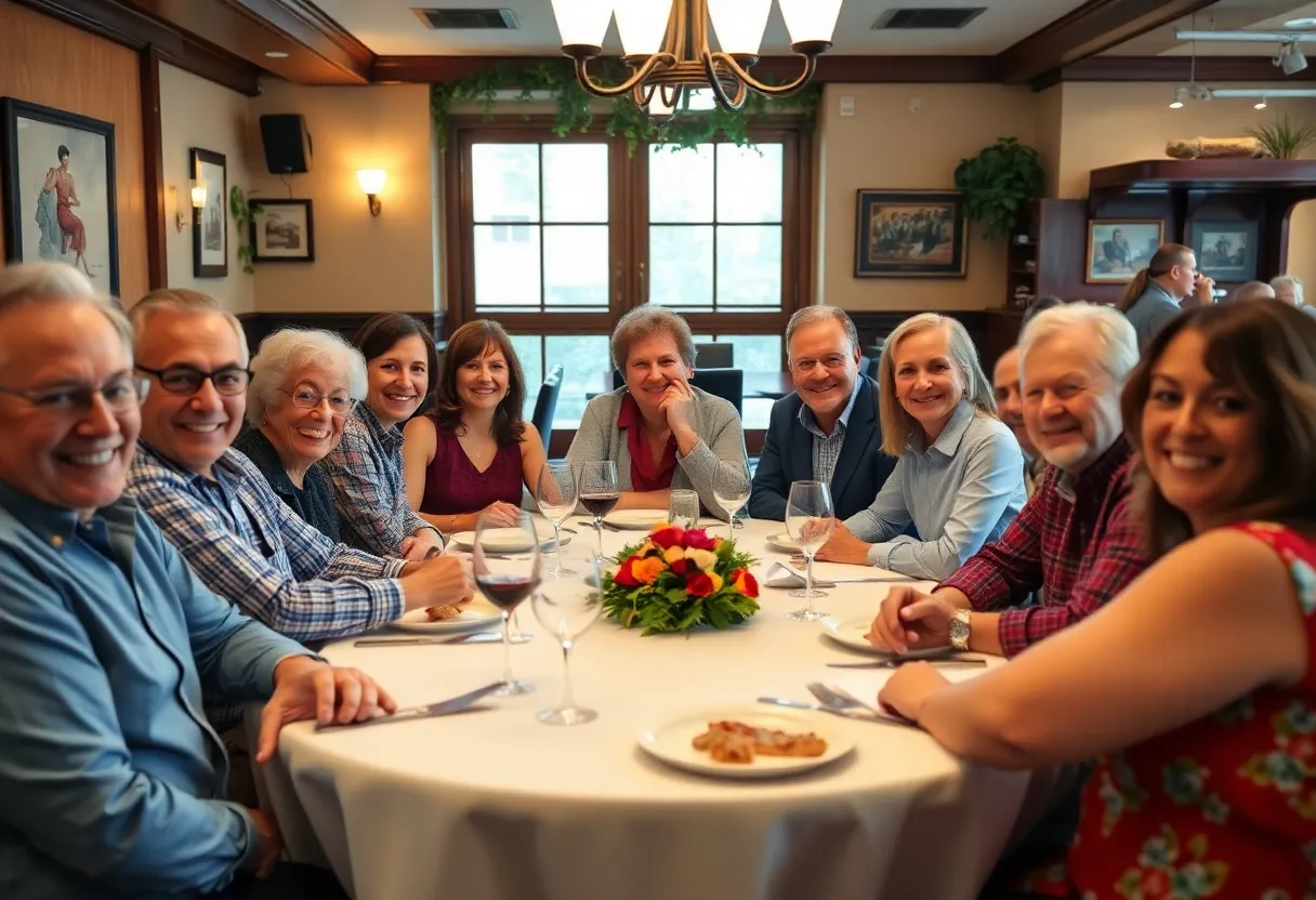 Colleagues celebrating a retirement luncheon in honor of a public servant.