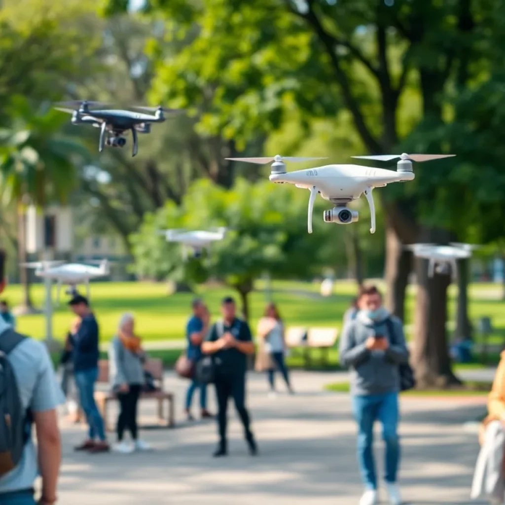 Drones being flown in Big Spring Park, Huntsville