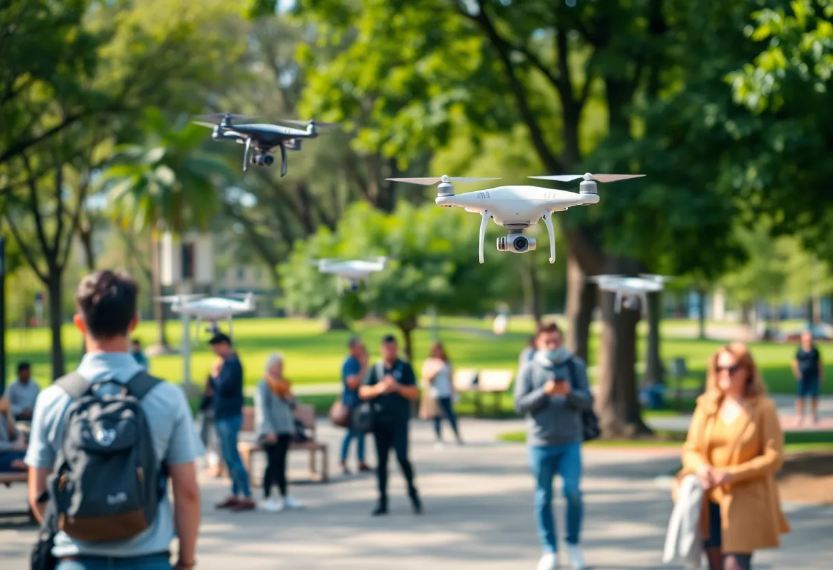 Drones being flown in Big Spring Park, Huntsville