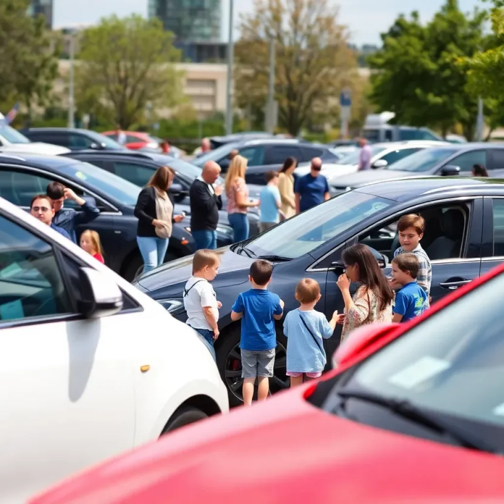 Attendees exploring electric vehicles at a community showcase