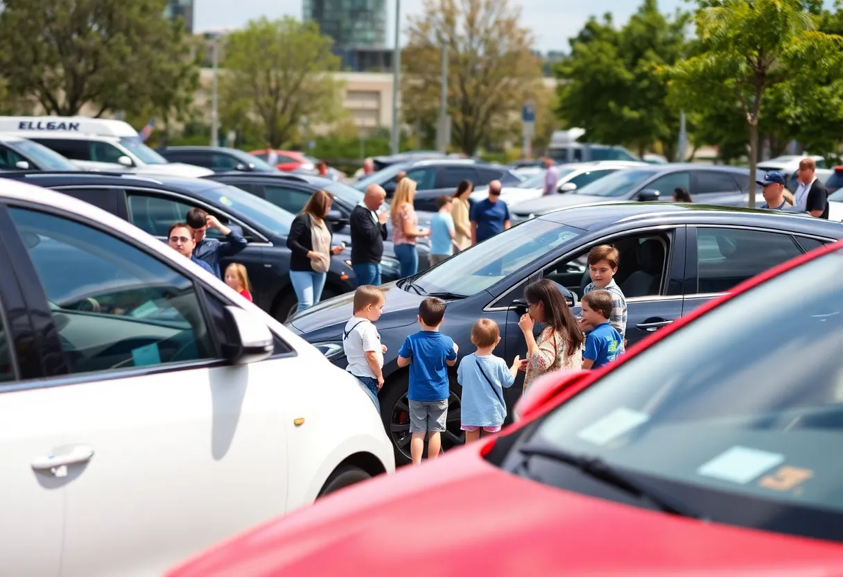 Attendees exploring electric vehicles at a community showcase