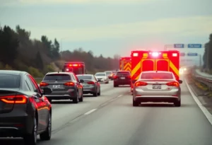 Emergency vehicles with flashing lights on a highway