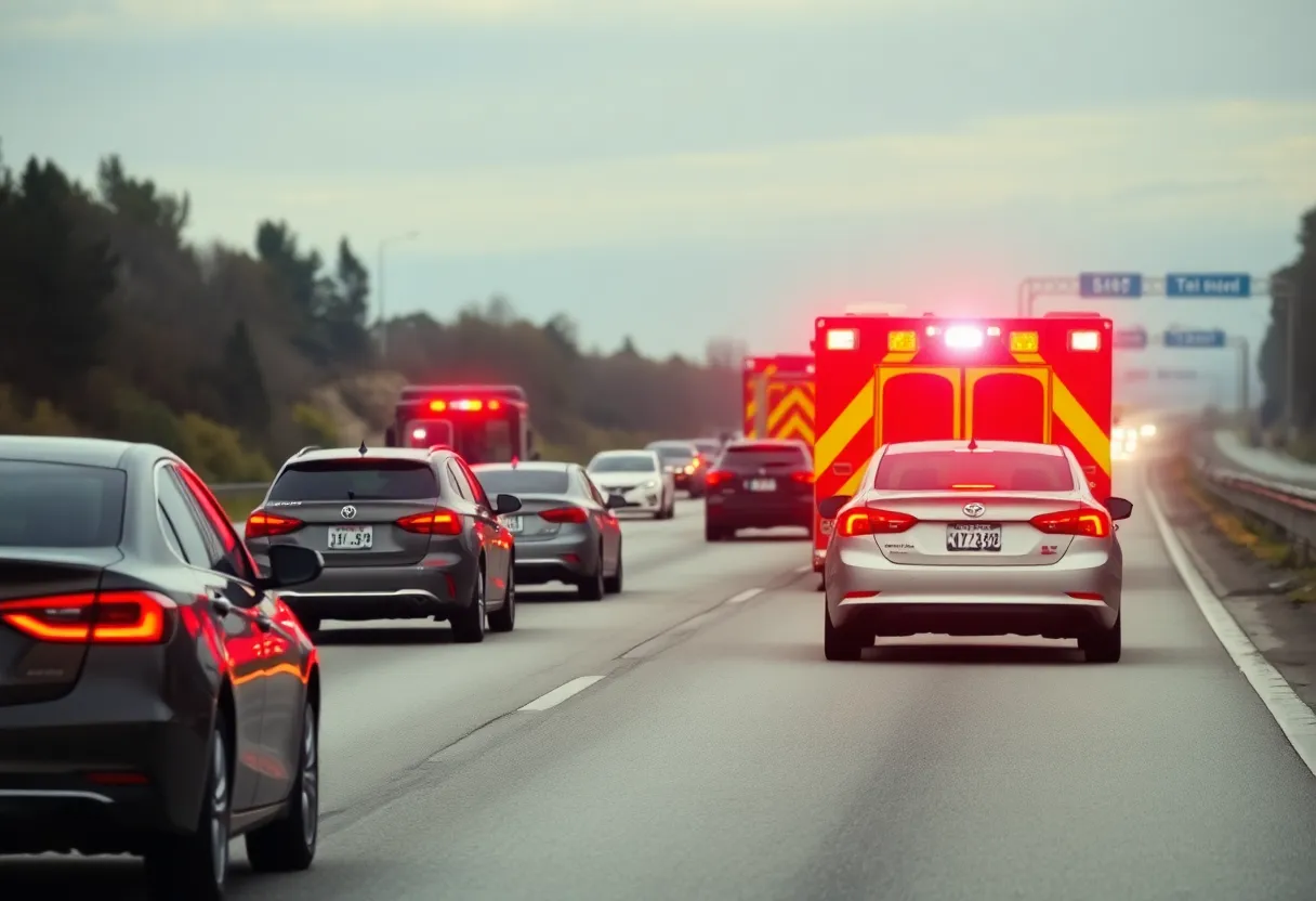 Emergency vehicles with flashing lights on a highway