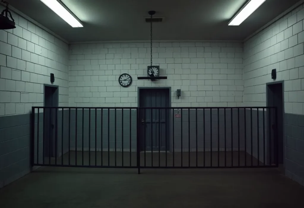 An illustration of a prison execution chamber highlighting justice and capital punishment