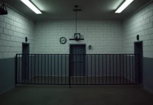 An illustration of a prison execution chamber highlighting justice and capital punishment