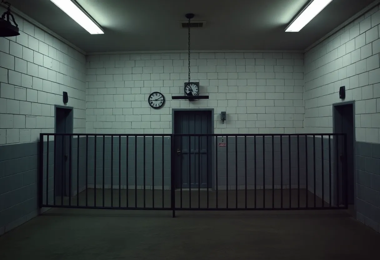 An illustration of a prison execution chamber highlighting justice and capital punishment