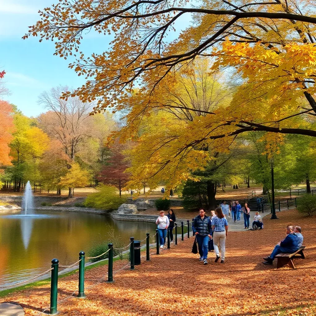 People enjoying outdoor activities at Big Spring Park in Huntsville during fall.
