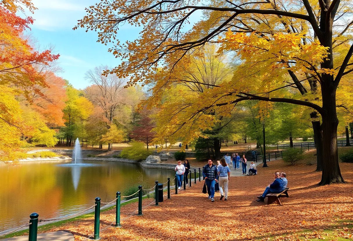 People enjoying outdoor activities at Big Spring Park in Huntsville during fall.