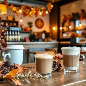 A variety of seasonal coffee drinks in a cozy cafe setting