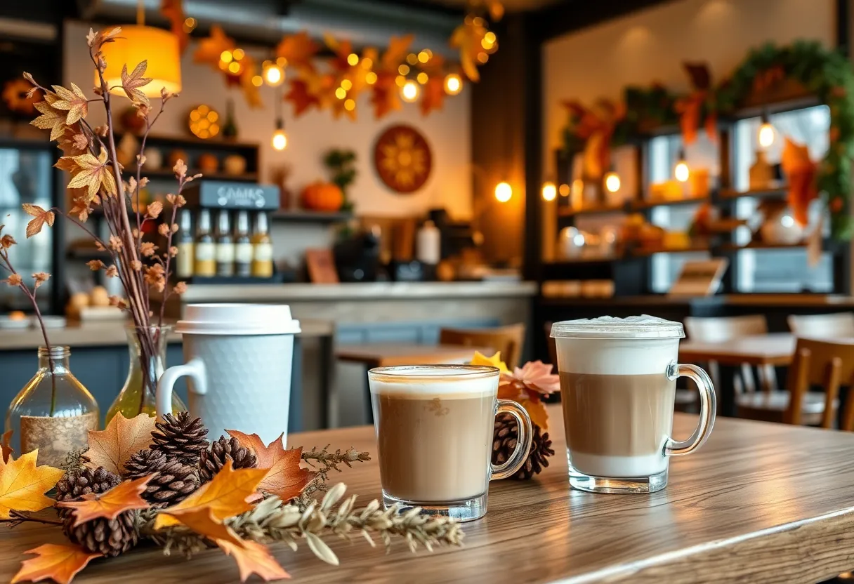 A variety of seasonal coffee drinks in a cozy cafe setting