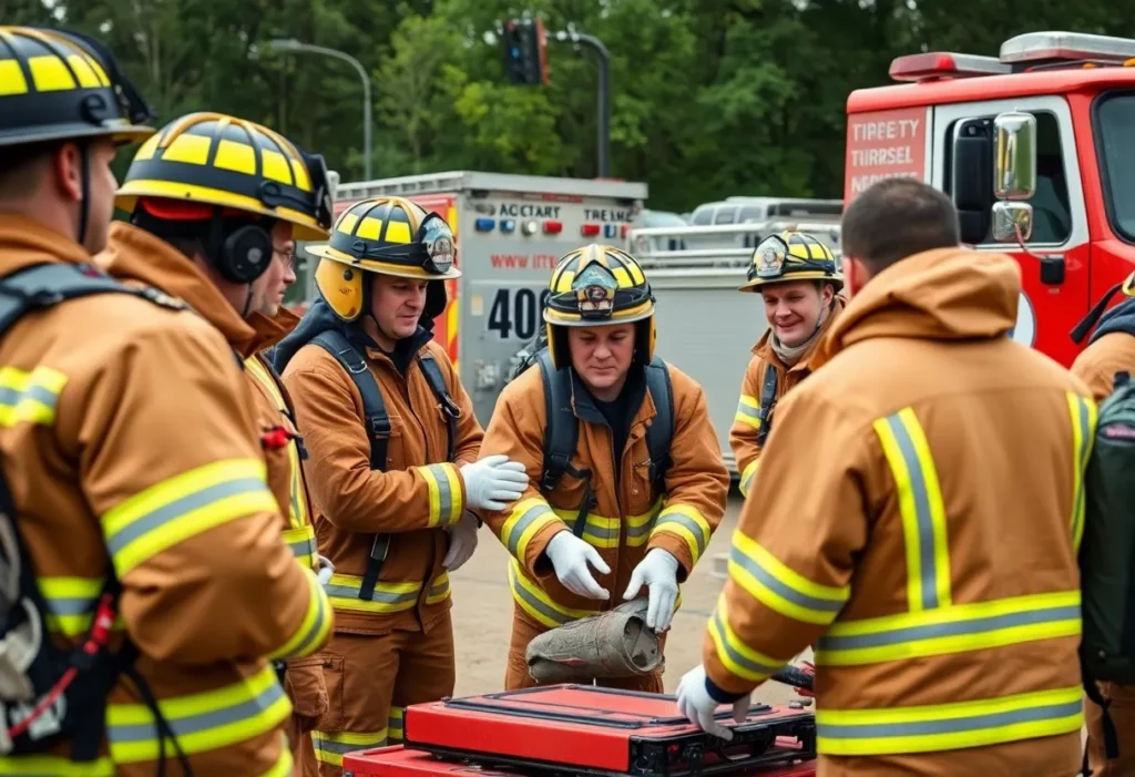 Firefighters undergoing training in emergency medical skills.