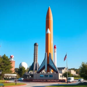 A view of Huntsville, Alabama highlighting its aerospace history with rockets.