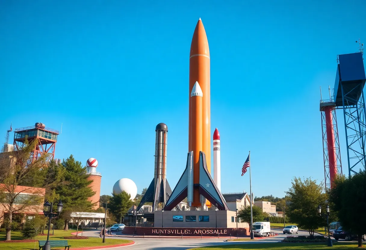 A view of Huntsville, Alabama highlighting its aerospace history with rockets.