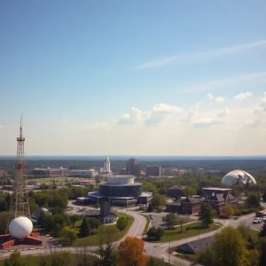 Scenic view of Huntsville, Alabama, with space exploration elements.