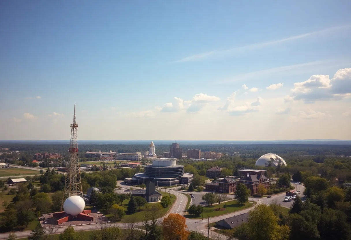 Scenic view of Huntsville, Alabama, with space exploration elements.