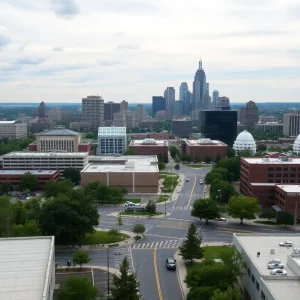 Skyline of Huntsville, Alabama displaying modern architecture and aerospace industry elements.