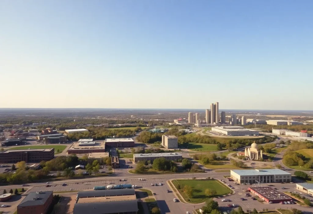 A view of Huntsville, Alabama showcasing military and aerospace industry elements.