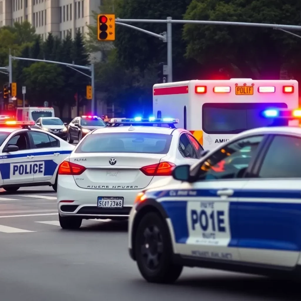 Scene of a car accident with emergency responders in Huntsville