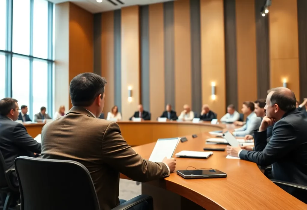 City council members debating in a meeting room.