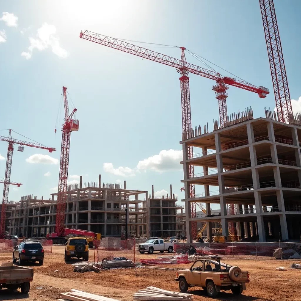 Construction site in Huntsville with cranes and workers