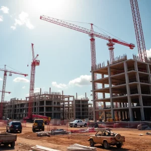 Construction site in Huntsville with cranes and workers