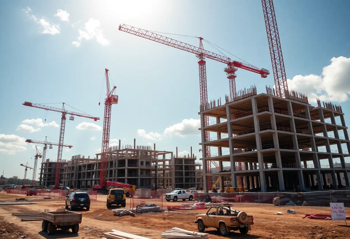 Construction site in Huntsville with cranes and workers