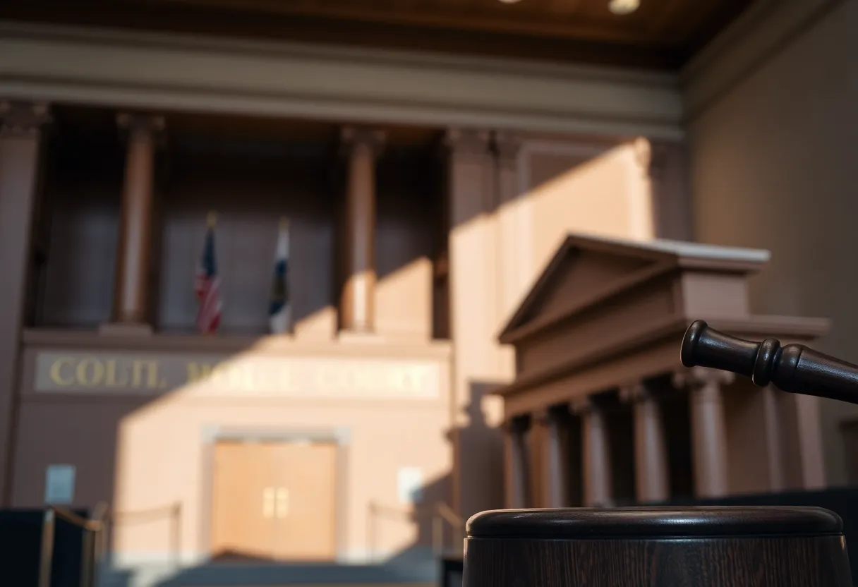 A reflective courthouse building symbolizing justice.