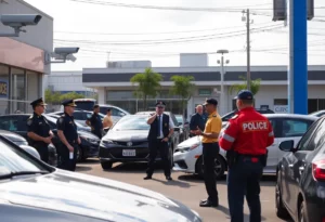 Police discussing the dealership break-in investigation in Huntsville.