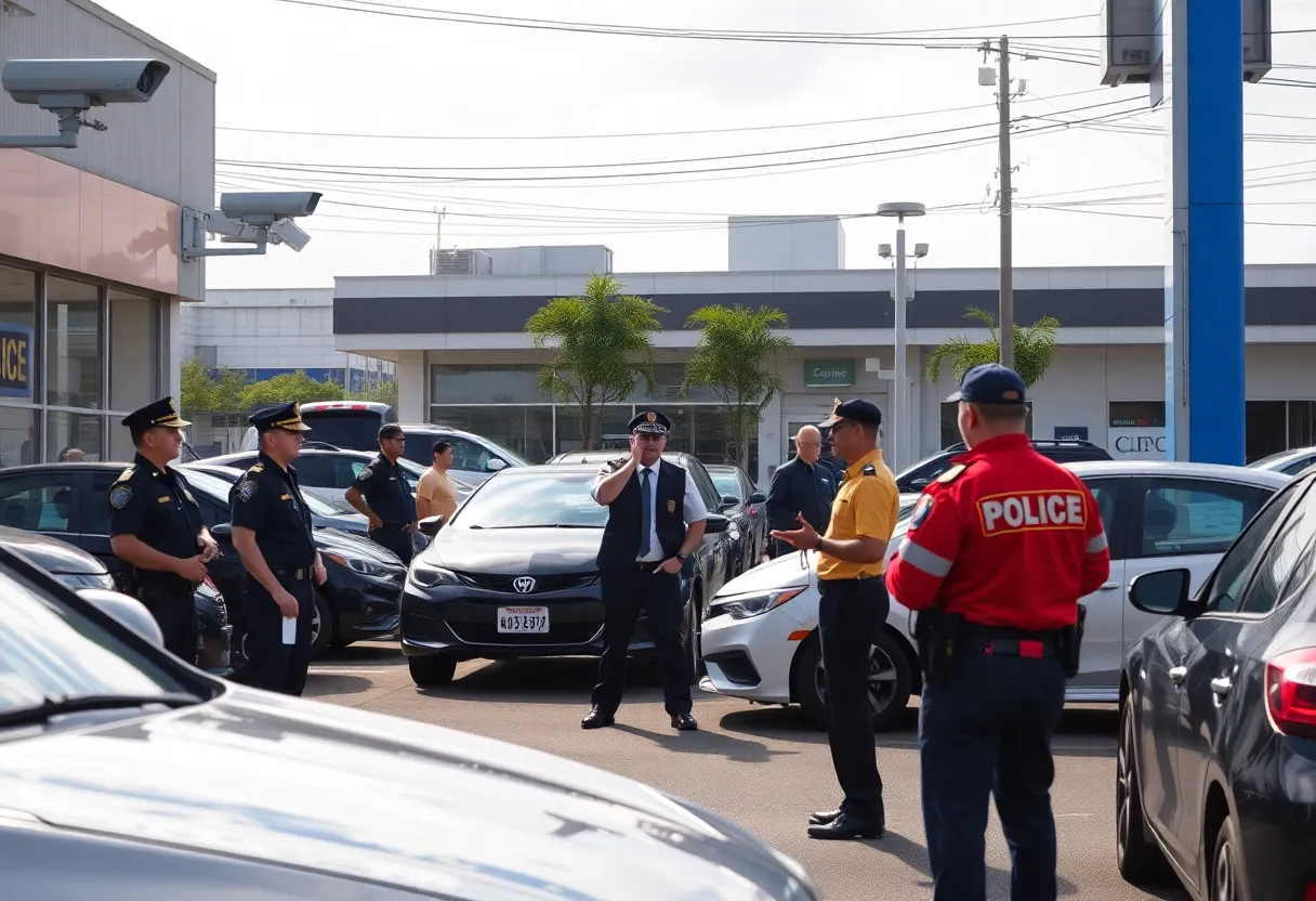 Police discussing the dealership break-in investigation in Huntsville.
