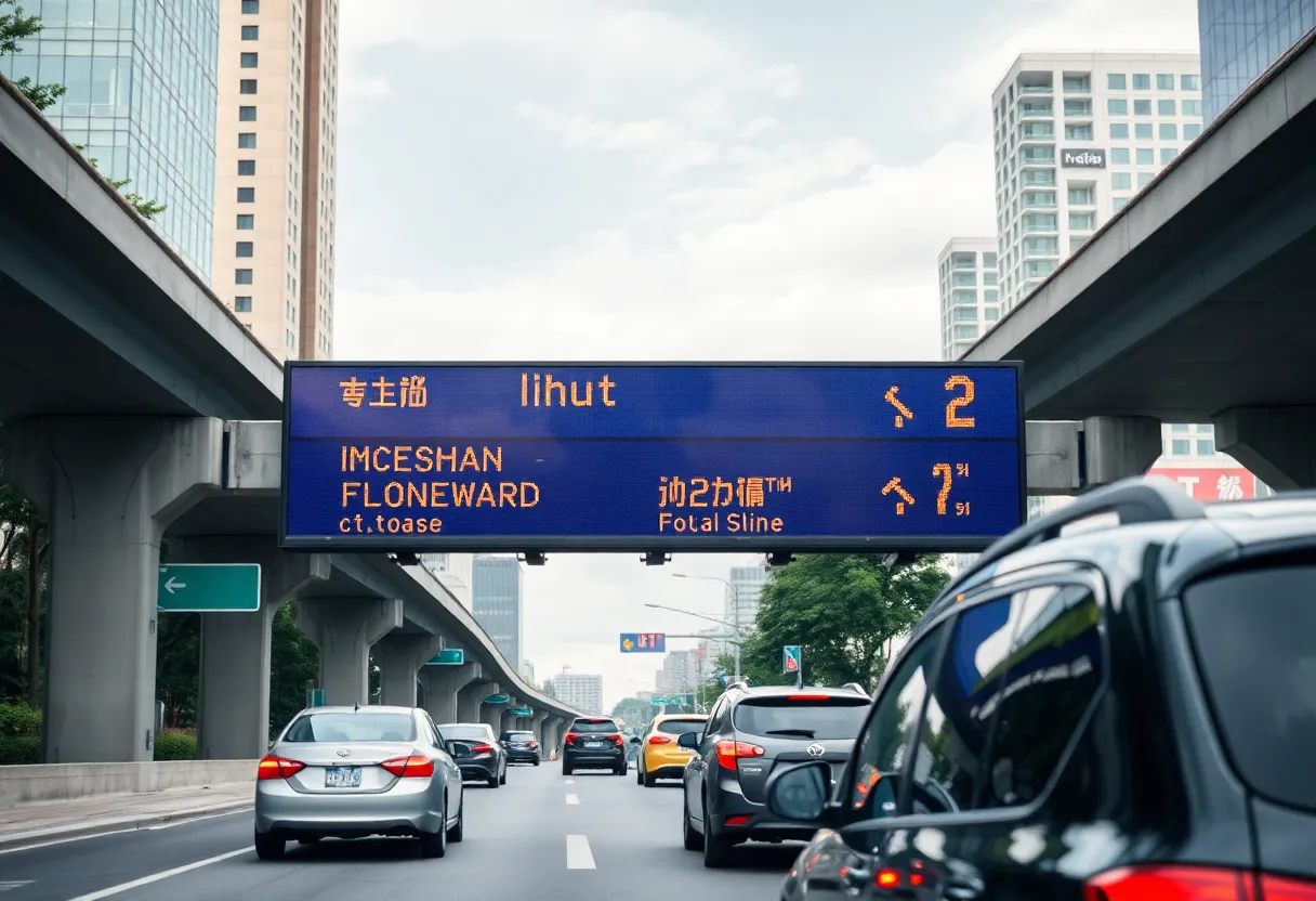 Digital highway message signs in Huntsville providing travel information.