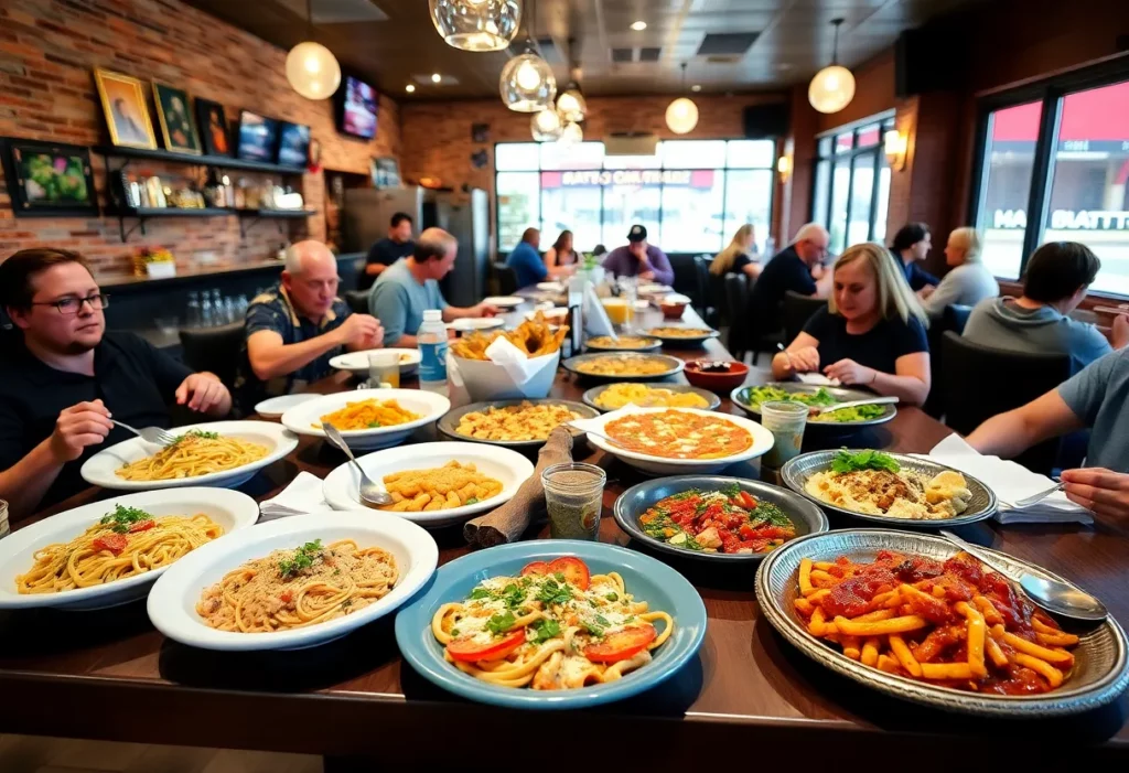 People enjoying various dishes in a vibrant Huntsville restaurant